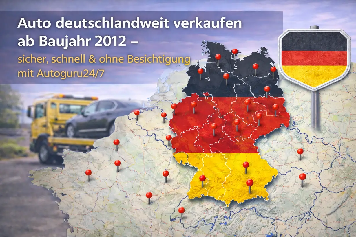 Karte von Deutschland mit markierten Standorten zur Darstellung einer bundesweiten Fahrzeugabholung und eines Fahrzeugtransports.