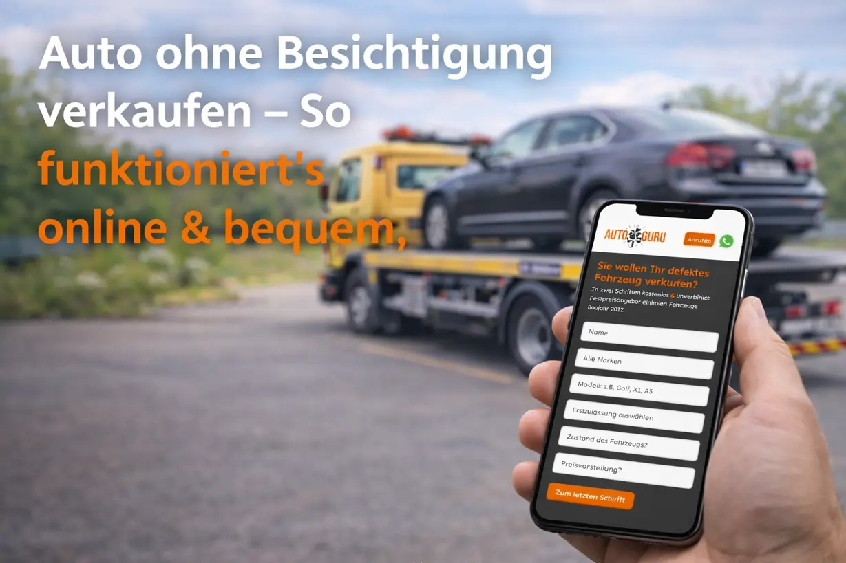 Fahrzeug wird auf einem Abschleppwagen transportiert, während ein Online-Formular zur Fahrzeugangabe auf einem Smartphone angezeigt wird.