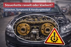 Sichtbare Steuerkette im geöffneten Motor als mögliche Ursache für rasselnde oder klackernde Motorgeräusche.