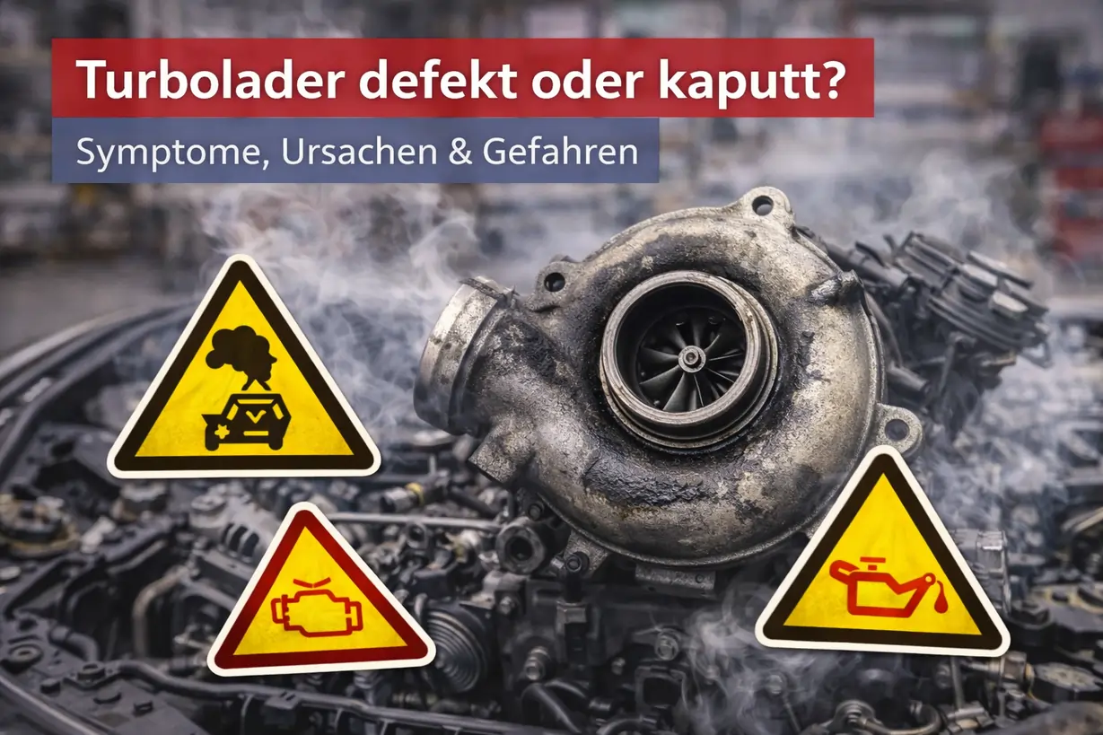 Defekter Turbolader mit sichtbaren Gebrauchsspuren im Motorraum, dargestellt als mögliche Ursache für Leistungsprobleme und Motorschäden.