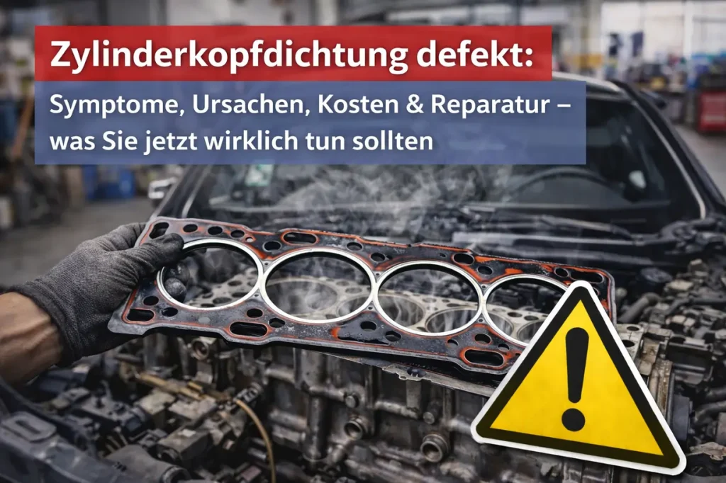 Defekte Zylinderkopfdichtung wird vor einem geöffneten Motor während einer Reparaturarbeit gezeigt.