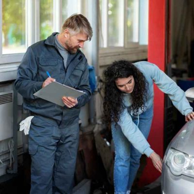 Autoguru Experte prüft gemeinsam mit einer Kundin ein Auto mit Schaden in der Werkstatt transparente und faire Fahrzeugbewertung.